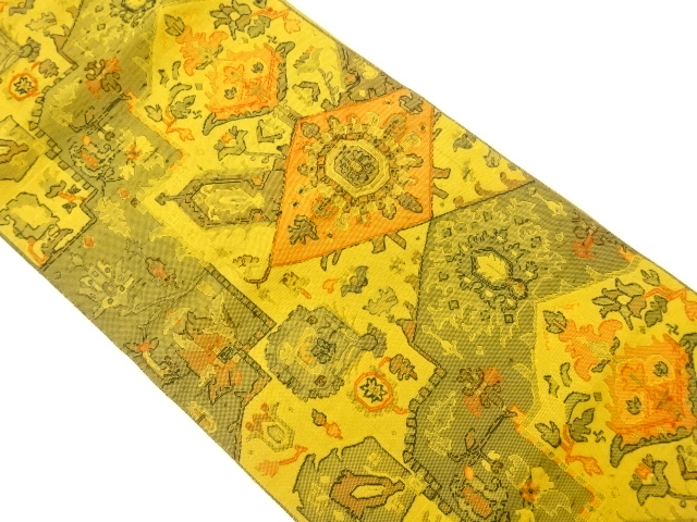 リサイクル　手織り紬菱に抽象華紋・草花模様織出し名古屋帯